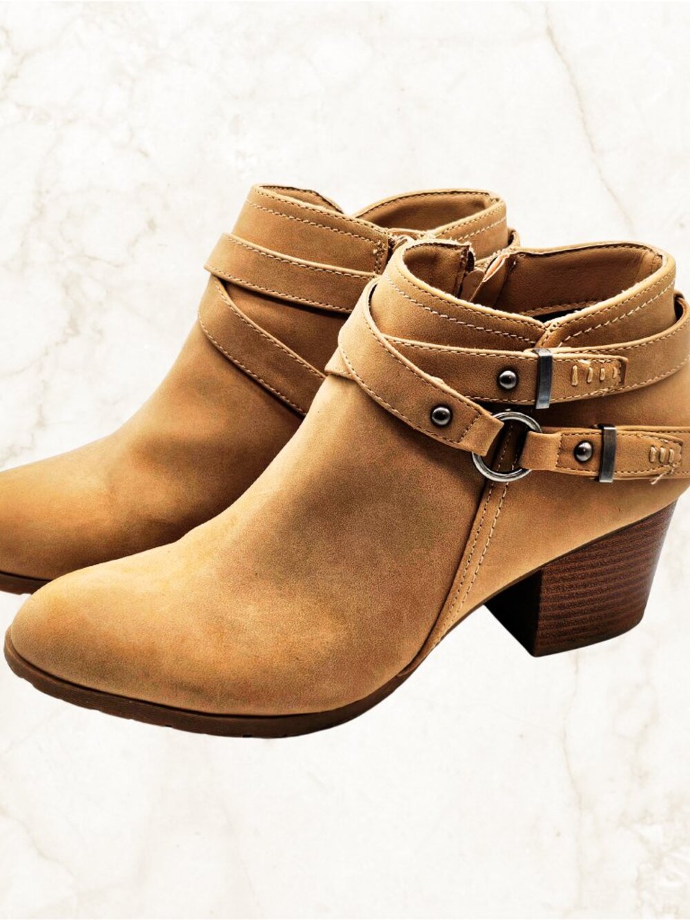 Indigo Rd Women's 9M Tan Faux Suede Ankle Booties Double Strap Block Heel
